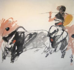 « N°9 Mountain Oxen Series », encre abstraite chinoise sur papier d'une figure et d'un oxen