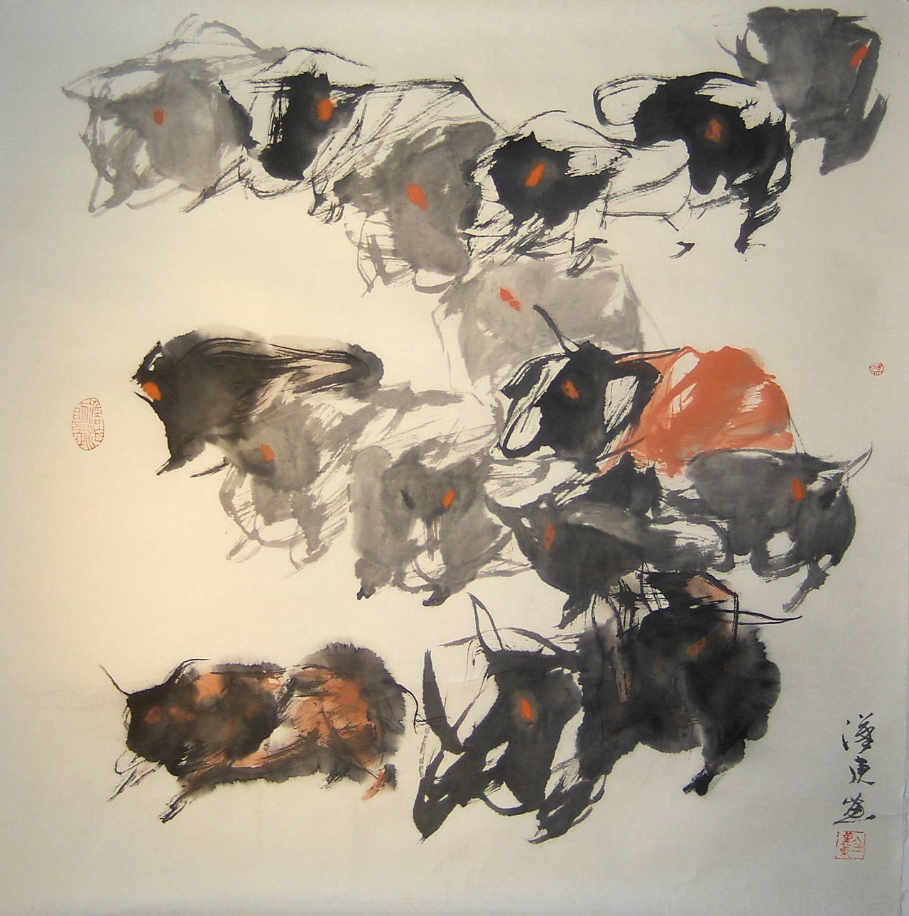 Quan Handong Figurative Art - "#11 Mountain Oxen Series" Chinese abstract ink on paper