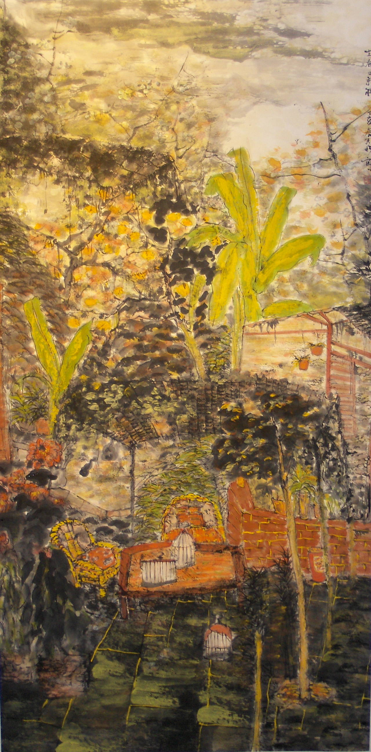 "Fresh View of the Day" Large-Scale Work on Paper of Courtyard and Trees Chinese