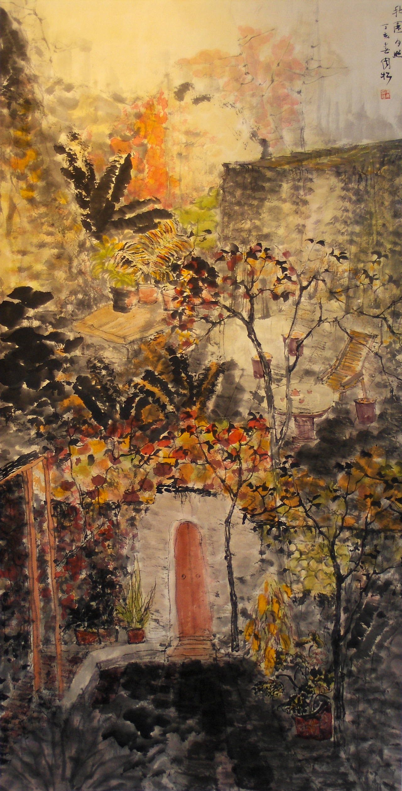 "Fall Day" Large-Scale Work on Paper of Courtyard and Trees Chinese Tradition