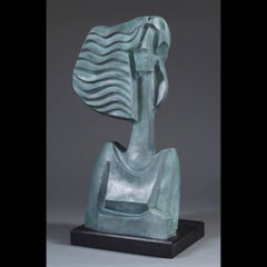 "Savannah 3/12" modern bronze sculpture of woman with wavy hair and teal patina