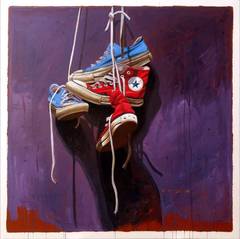 "#558" Old Red and Blue Chuck Taylor Sneakers on Laces Dark Purple Background 