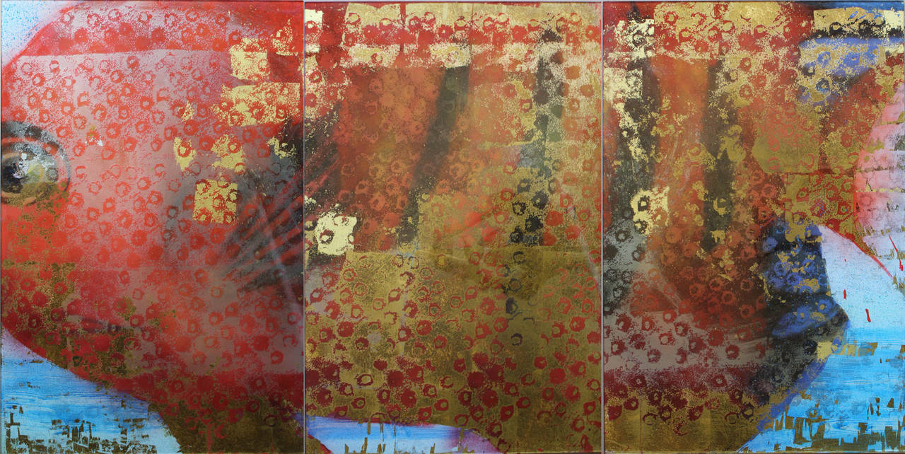 "Flame Angel" Abstract mixed media reverse triptych painting behind glass