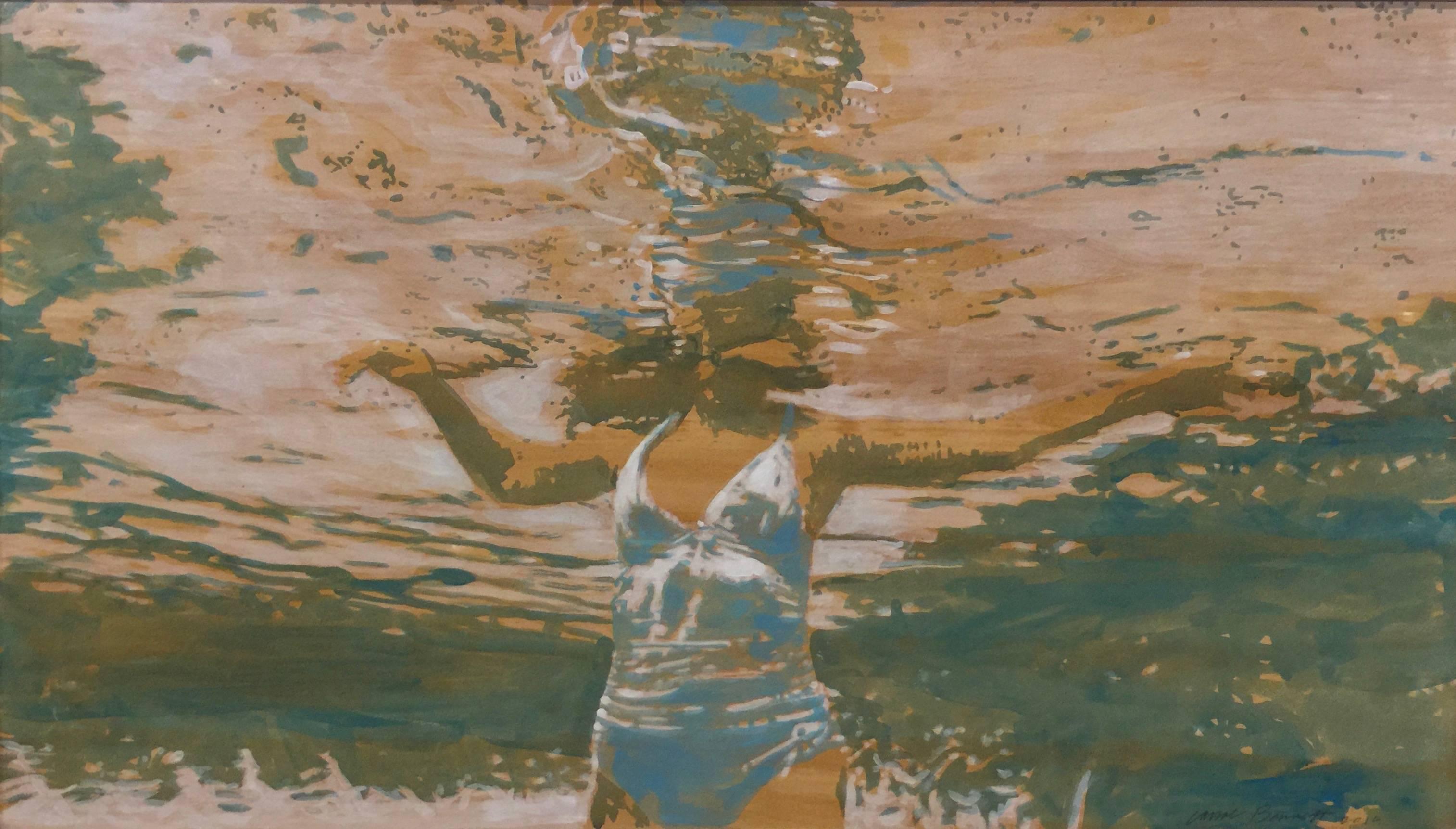 Carol Bennett Landscape Painting - "Pool Chill" Abstract oil painting of a woman in a white swimsuit in a blue pool