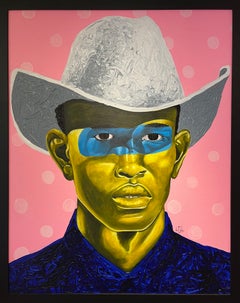 "Never Give Up, Never Stop" pink acrylic portrait of a man in a white cowboy hat