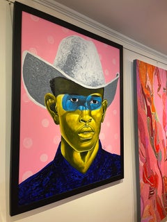 "Never Give Up, Never Stop" pink acrylic portrait of a man in a white cowboy hat
