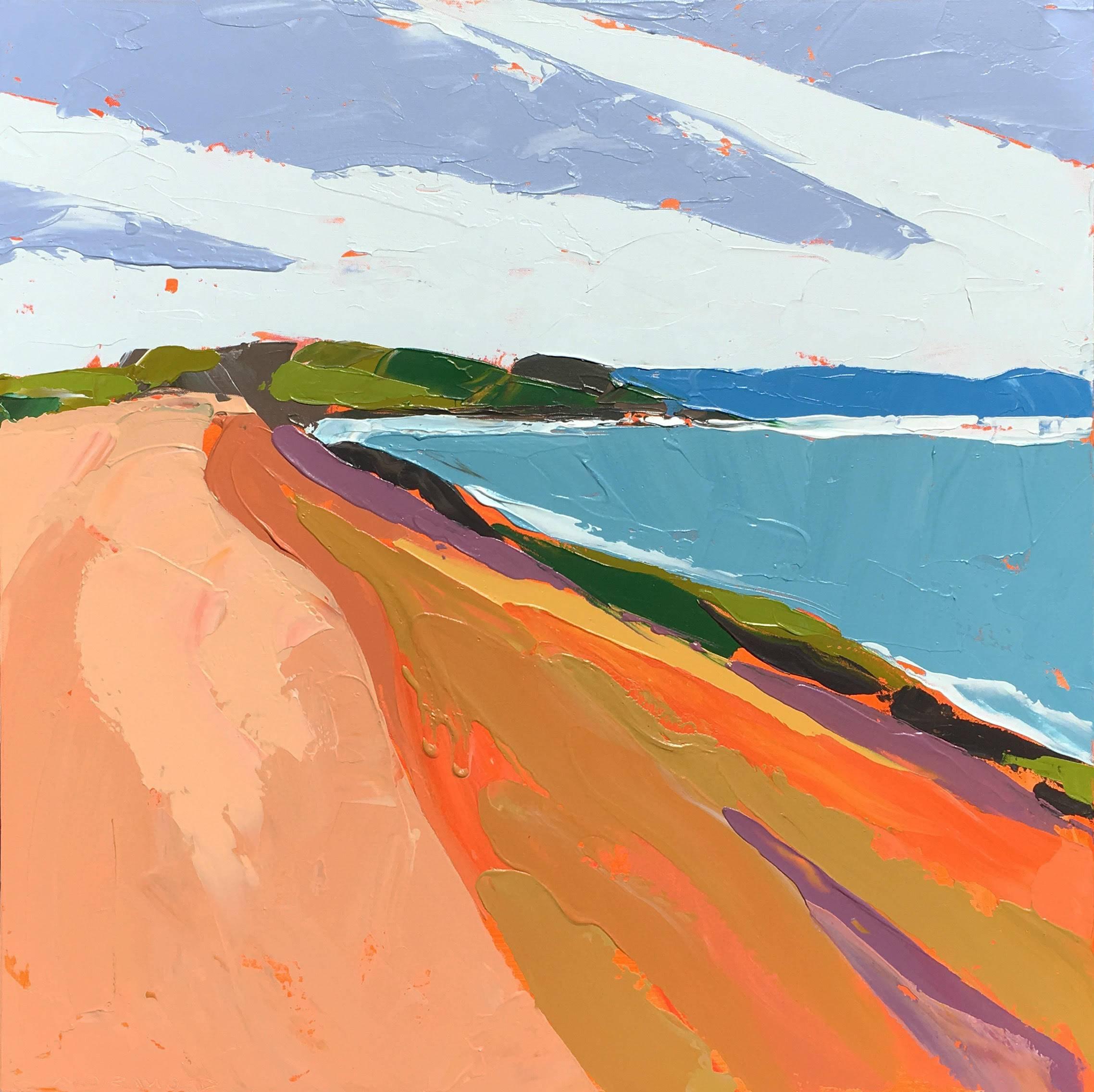 Paul Norwood Landscape Painting - "Above the Shore" Painterly Impasto Landscape with Orange Purple Turquoise Green