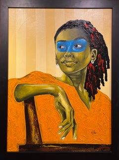 "Point of View", young Black woman sits looking to the distance, framed portrait