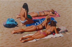 "Working on a Tan" photorealism, beach day, girls, friendship, sand, towels, sun