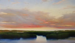 "Lingering" oil on aluminum, sunset, coastal, wetland, marsh, ocean, tranquility