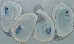 "Island Cove" four large oysters on a light blue background, pastel, pearlescent