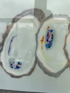 "Vineyard's Best" oysters, teal, opalescent, nautical, modern, shells, food, sea