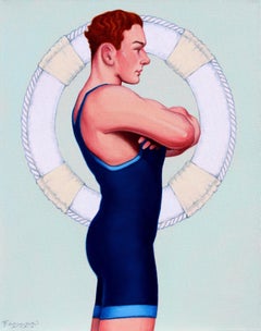 "Beach Patrol" nostalgic, Americana, man in an old fashioned bathing suit, manly