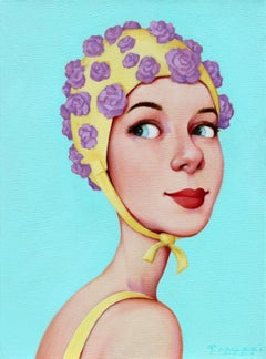 "Aqua Pet" swimmer in a flowery swim cap, blue eyes, bathing beauty, Americana