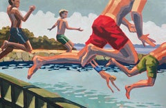"Vineyard Summer" painting of five boys jumping off bridge into the blue water