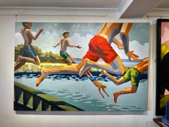 "Vineyard Summer" painting of five boys jumping off bridge into the blue water