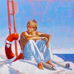 "End of the Jetty" young blonde man, fishing, fish, seaside, nautical, pink