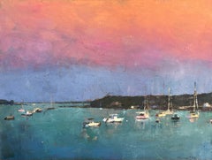 "Crepuscular Dusk" impressionist, edgartown harbor, sailboats, moorings, ocean