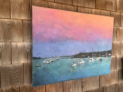"Crepuscular Dusk" impressionist, edgartown harbor, sailboats, moorings, ocean