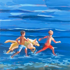 "Racing the Waves" Away to See Martha's Vineyard, two boys and a dog, ocean play