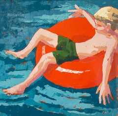 "Orange Tube" Away to See Martha's Vineyard, orange pool float, blonde boy, fun
