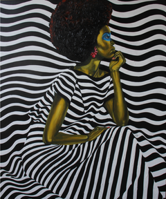 "Stripes of Stillness" portrait, design, black and white, graphic, African woman