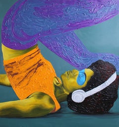 "White Purple Tunes" headphones, yoga, contemporary woman, stretching, peace joy