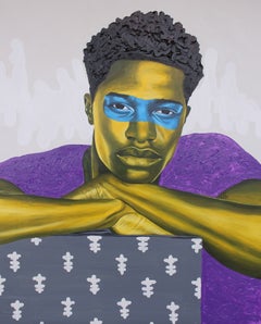 "Grip of Strength" handsome young African man portrait, blue mask, contemporary