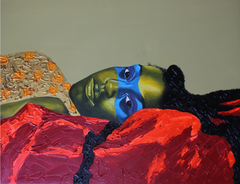 "The Crimson Hour" woman reclining portrait, braids, contemporary, blue mask