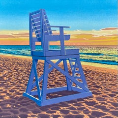 "Sunrise", lifeguard chair casts shadow on sand, while the sun glows on the sea