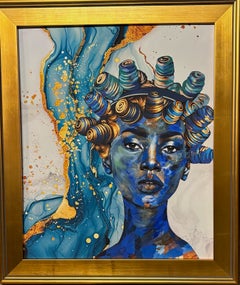 «Liquid Blue»: retrato de una elegante mujer africana, reina, en tonos azules y dorados, mágico