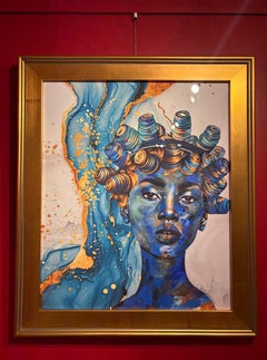 „Liquid Blue“ – Porträt einer eleganten afrikanischen Frau, einer Königin, in Blau und Gold, voller Magie