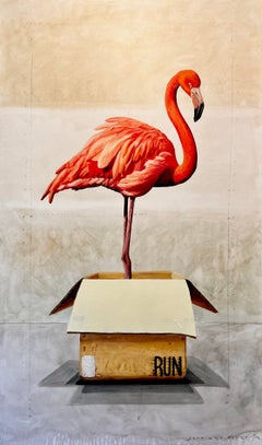 "#1680", Pink Flamingo in a cardboard box, photorealism, whimsy, divine numbers