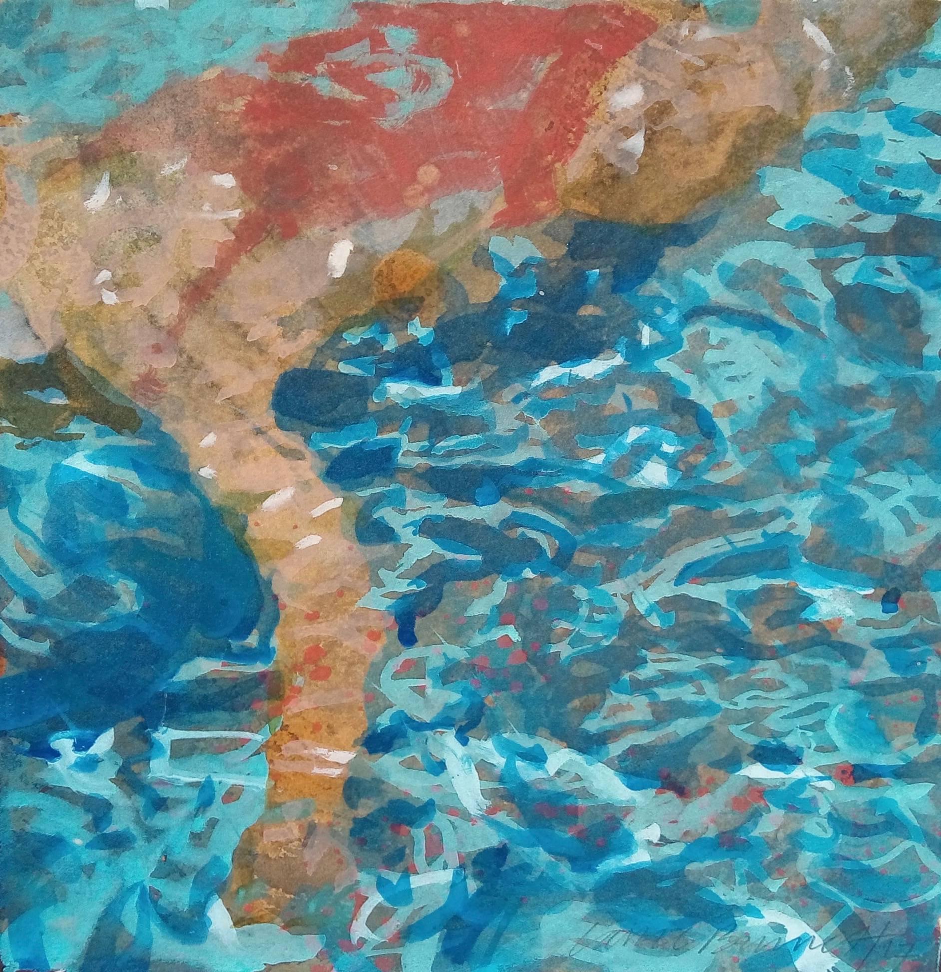 "Havenhurst (paper)" Abstract painting of a woman in a red swimsuit in blue pool