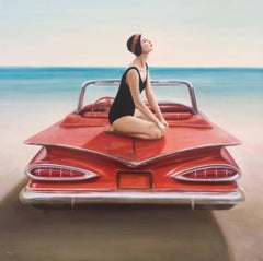 "The Red Beauty" Woman in Black Bathing Suit Posing on a Red 1959 Chevy on Beach