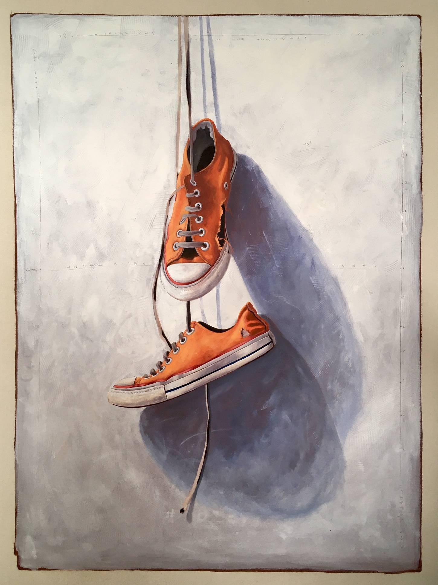 Santiago Garcia Still-Life Painting - "#21" Realism Painting of Old Orange Vintage Chuck Taylor Sneakers Dangling