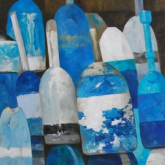 “Les Bouys Bleus No. 1” Oil Painting of Blue and White Buoys on Linen