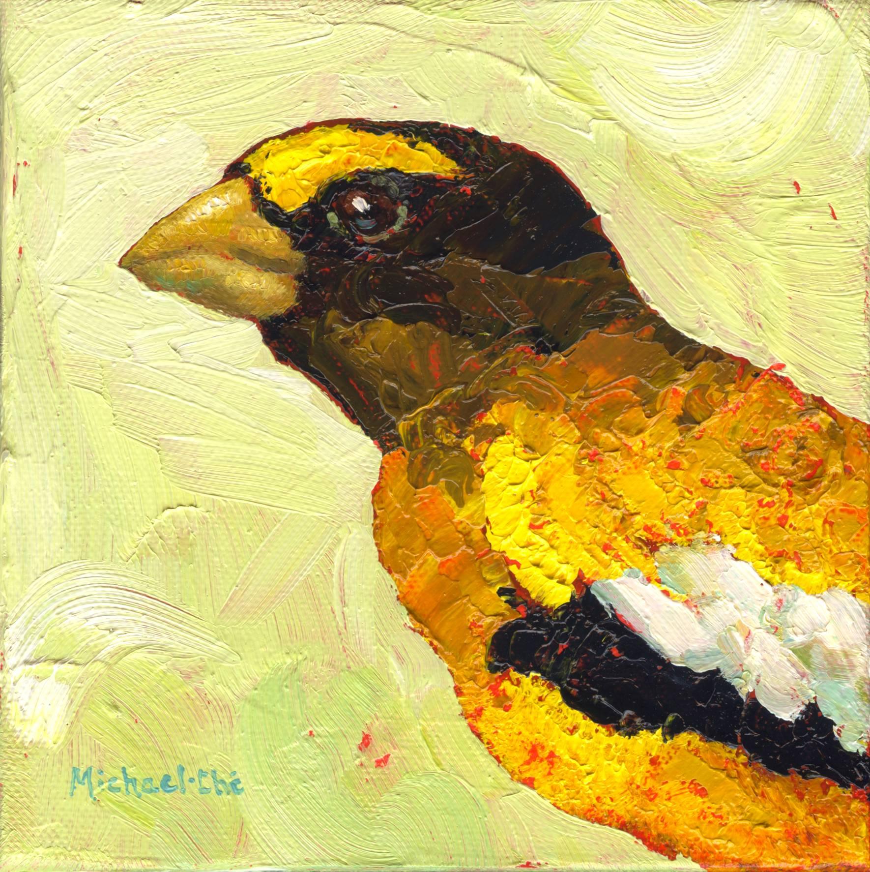 Michael-Che Swisher Animal Painting - "Daily Duties" portrait of a yellow and black bird on a yellow background