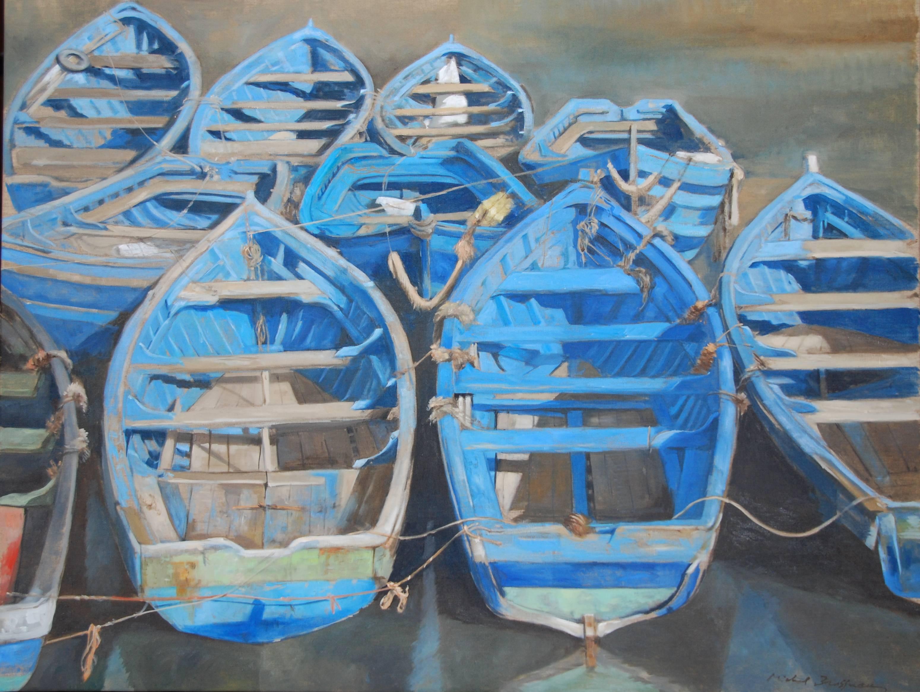 Michel Brosseau Still-Life Painting - "All Tied Up" Blue Wooden Rowboats Tied at Dock, Painted on Linen