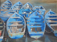 Used "All Tied Up" Blue Wooden Rowboats Tied at Dock, Painted on Linen
