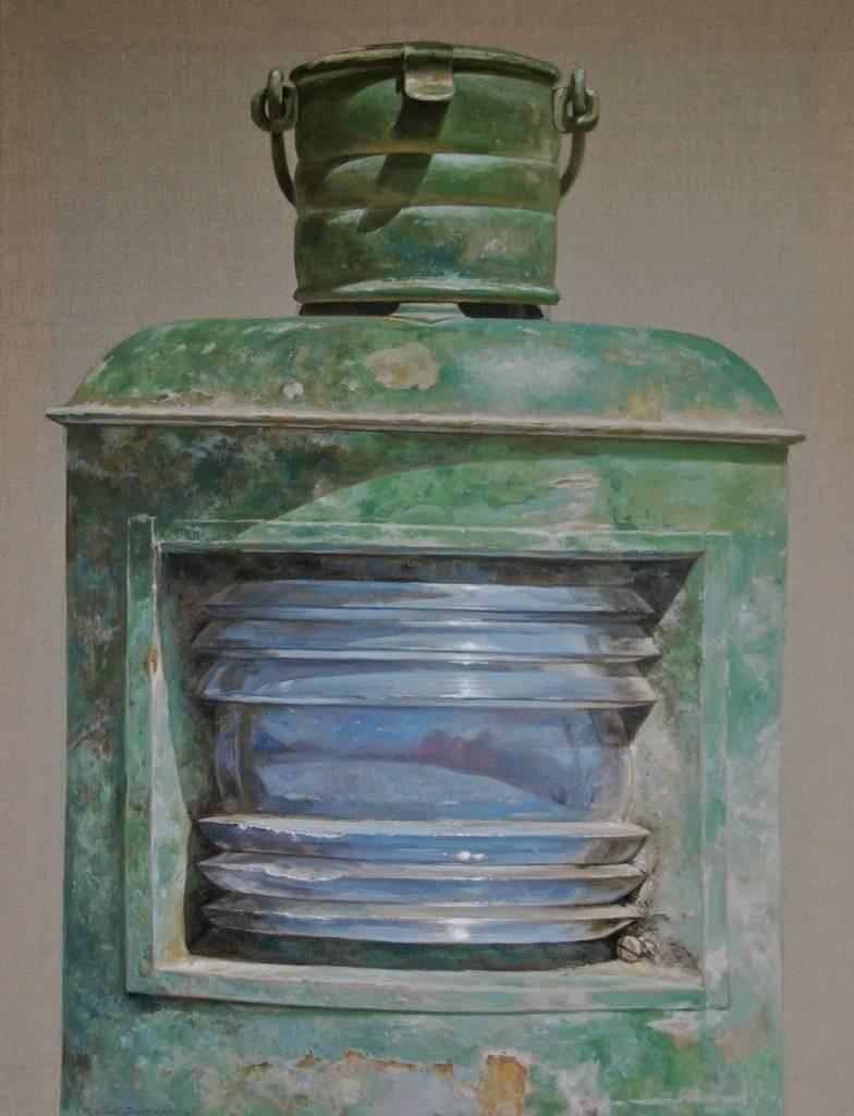Michel Brosseau Still-Life Painting - "Starboard" photorealistic oil painting of a green lantern on linen