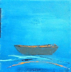 "Little Memory #16" small painting of a boat with bright blue background