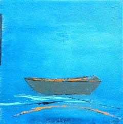 "Little Memory #16" small painting of a boat with bright blue background