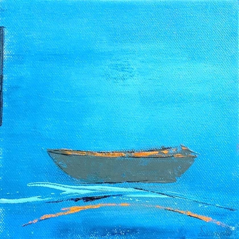 Michele Dangelo Landscape Painting - "Little Memory #16" small painting of a boat with bright blue background
