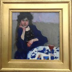 "Monique and her Japanese Prints" portrait oil painting of a woman in blue coat