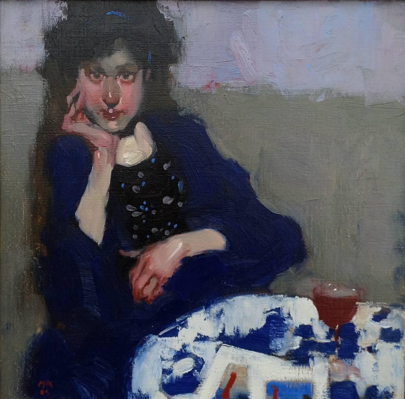 Milt Kobayashi Figurative Painting - "Monique and her Japanese Prints" portrait oil painting of a woman in blue coat 
