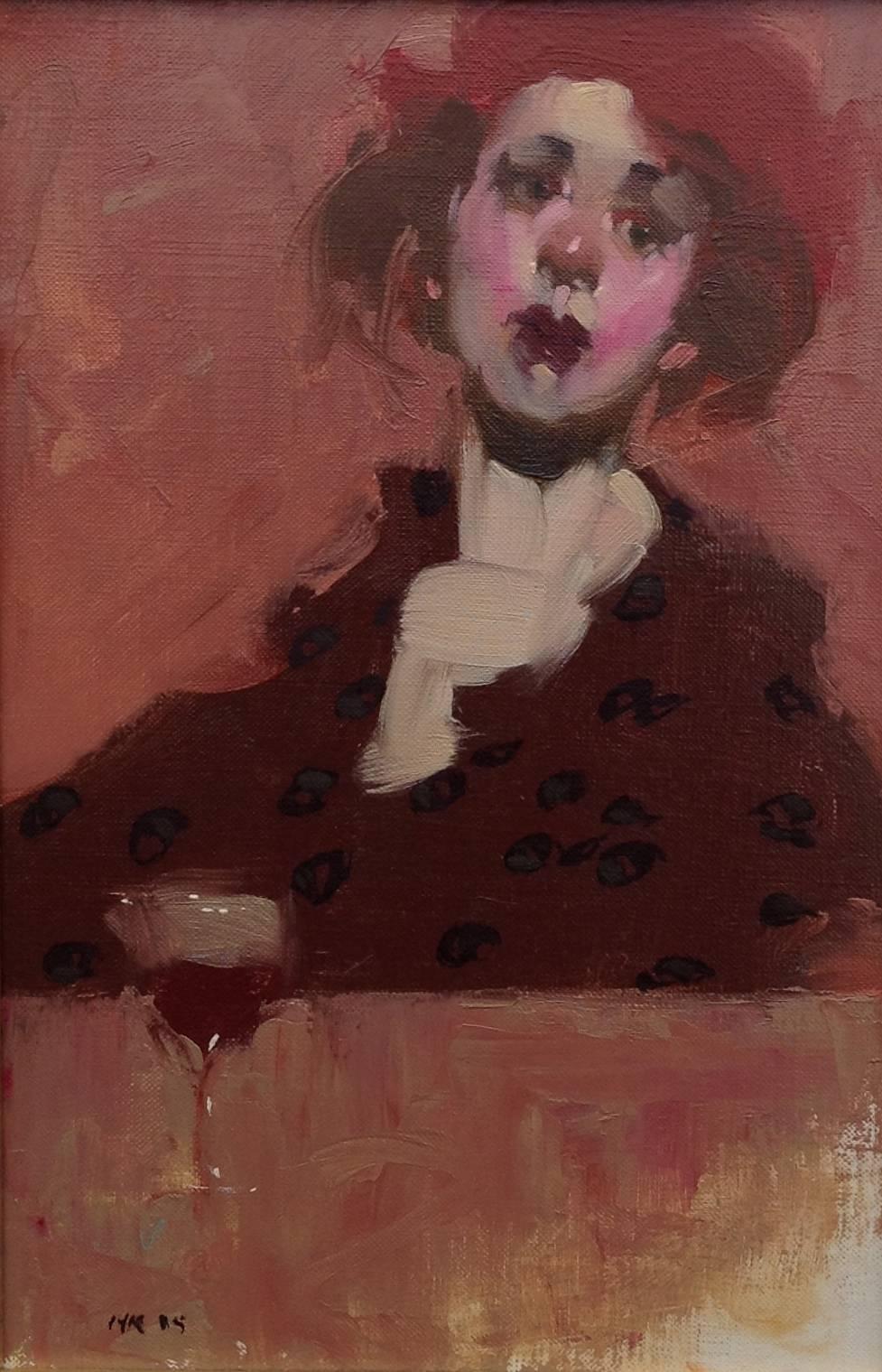 Milt Kobayashi Figurative Painting - "Red Hat" portrait oil painting of a woman in a red hat with red wine