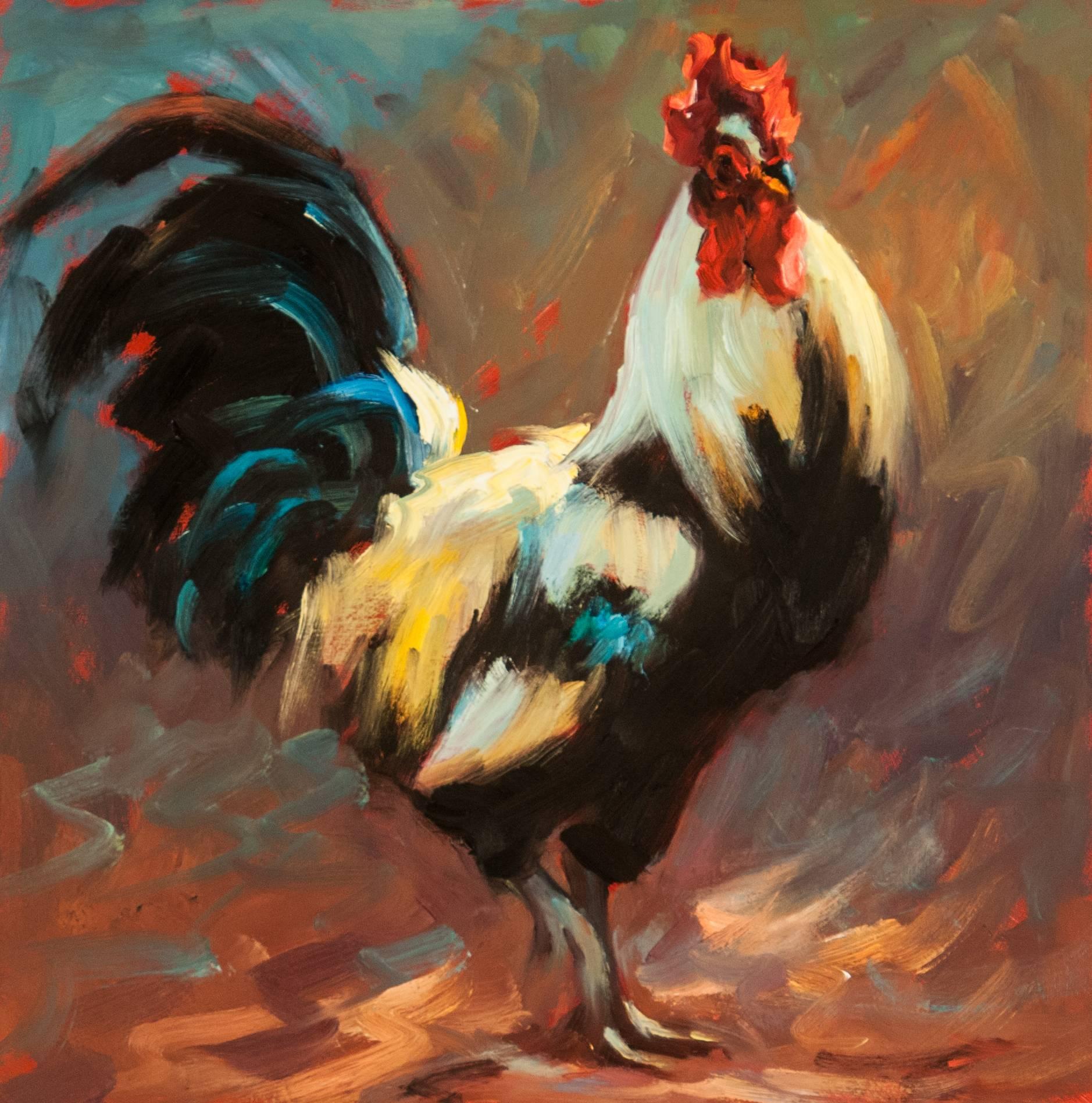 Cheri Christensen Animal Painting - "Walking Tall" Chicken in Light Yellow and Deep Blue, Red