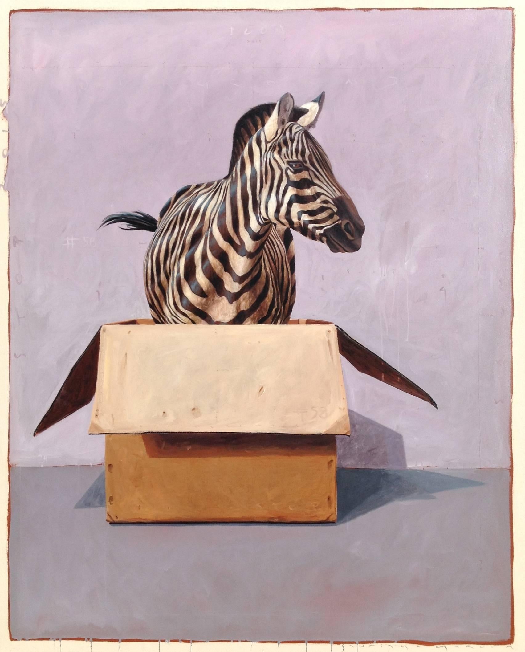 Santiago Garcia Animal Painting - "Andante #58" Photorealistic oil painting of a zebra in a cardboard box 