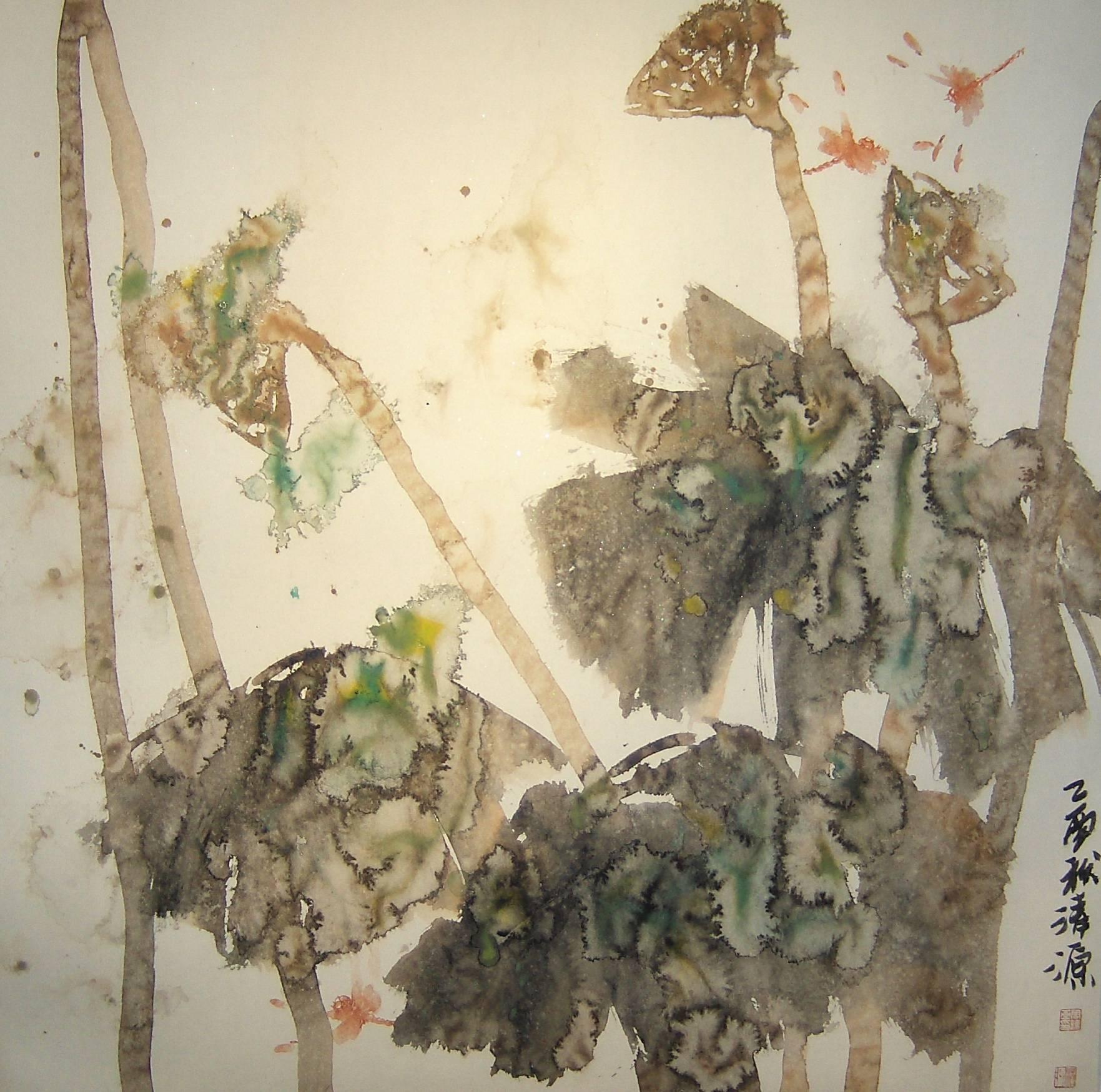 Zhou Xiao Abstract Drawing - "Dragonfly #7" Chinese abstract ink on paper in neutral palette